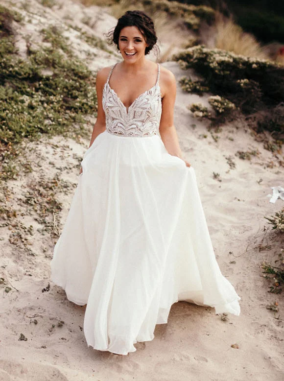Classic Spaghetti Beaded Chiffon Ivory Country Wedding Gown OW358 Mermaid Lace Gown