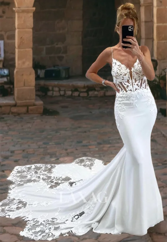 Trumpet&Mermaid Applique Top Satin Cathedral Train Sleeveless V-Neck Wedding Dress Wedding Gown Set Trumpet&Mermaid Applique Top Satin Cathedral Train Sleeveless V-Neck Wedding Dress Wedding Gown Set