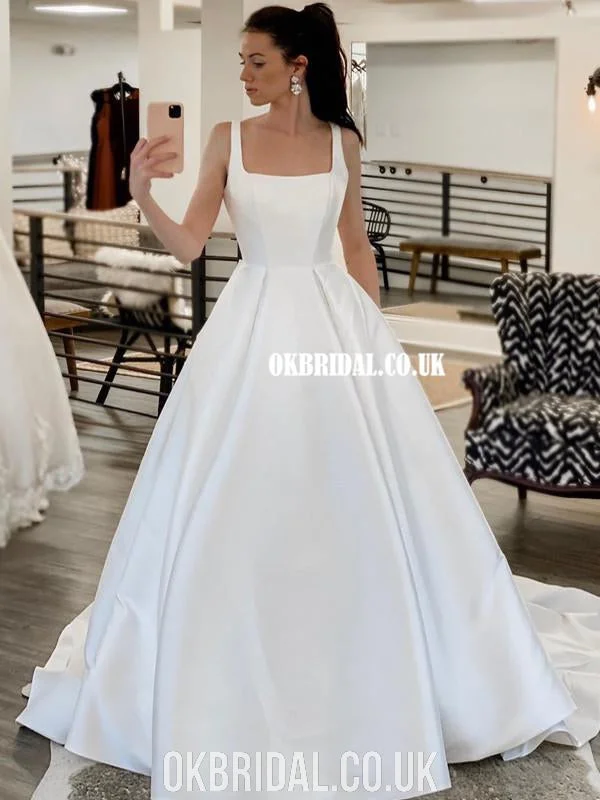 Elegant A-line Satin Simple Floor-length Wedding Dresses, FC4659 Wedding Dress Set