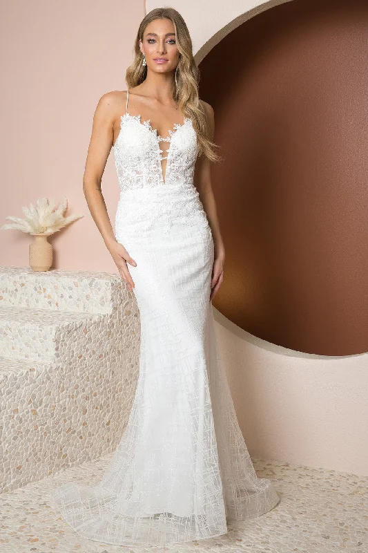 Glitter Print V-Neck Mermaid Dress By Nox Anabel -R282-1W Beautiful Lace Gown