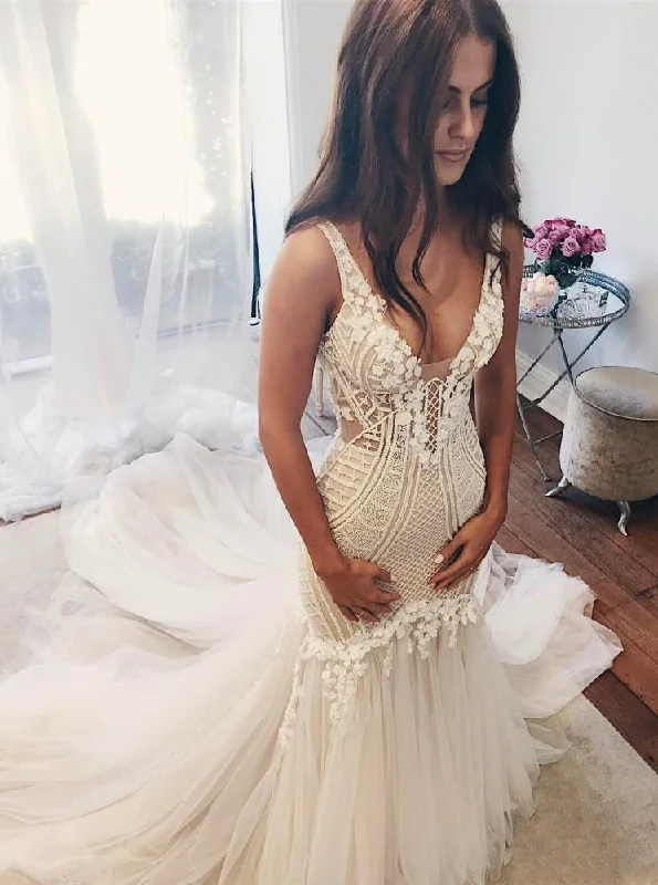 Gorgeous Ivory Tulle Mermaid V-Neck Lace Backless Wedding Dresses W363 Classic Bridal Dress