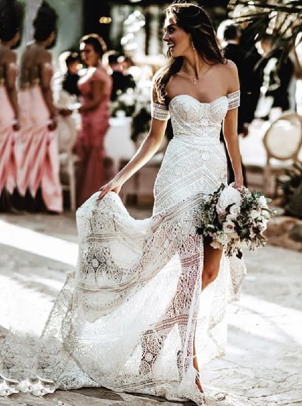 Ivory Sheath Lace Wedding Dresses Sweetheart Split Beach Bridal Dress OW513 Full Length Gown Ivory Sheath Lace Wedding Dresses Sweetheart Split Beach Bridal Dress OW513 Full Length Gown