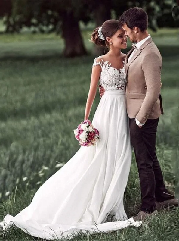 Lace Appliques Wedding Dress Cap-Sleeves Beach Bridal Gown OW534 Silk Wedding Gown
