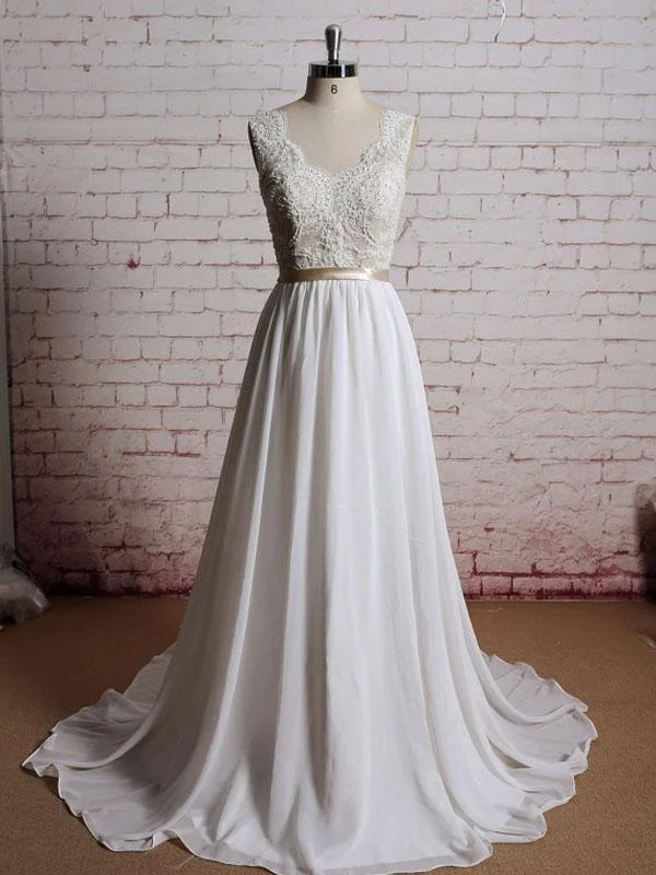 Lace V Neck A-line Cheap Beach Wedding Dresses Online, WD386 Timeless Wedding Dress