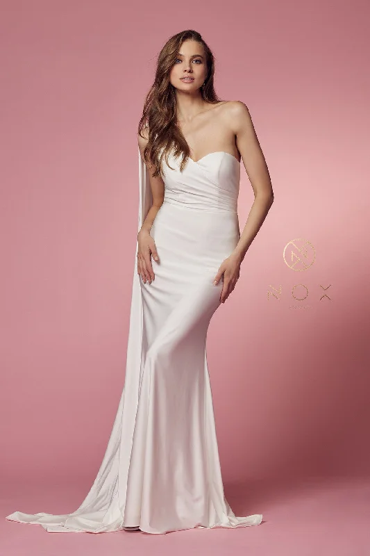 One Shoulder Drape Sleeve Mermaid Long Gown By Nox Anabel -E475W Chic Lace Dress