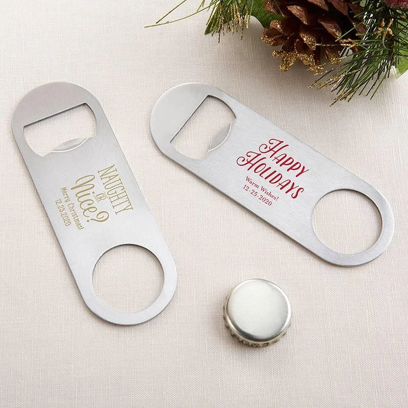 36-Personalized Silver Oblong Bottle Openers - Holiday Glitter Wedding Dress