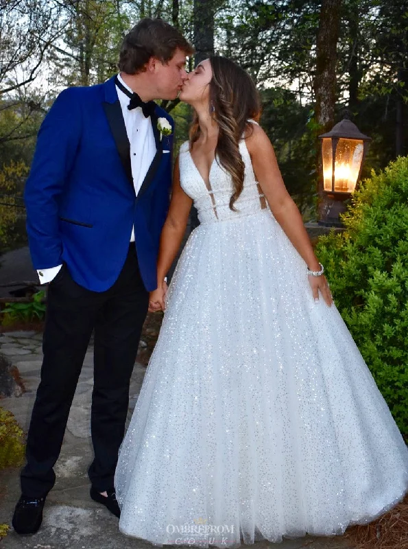 Sparkly Tulle A Line V Neck White Backless Sequin Wedding Dress OW373 Boho Chic Gown