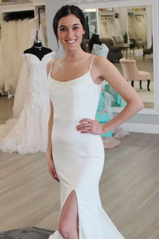 White Cowl Neck Backless Long Wedding Dress with Slit Lace A-line Dress