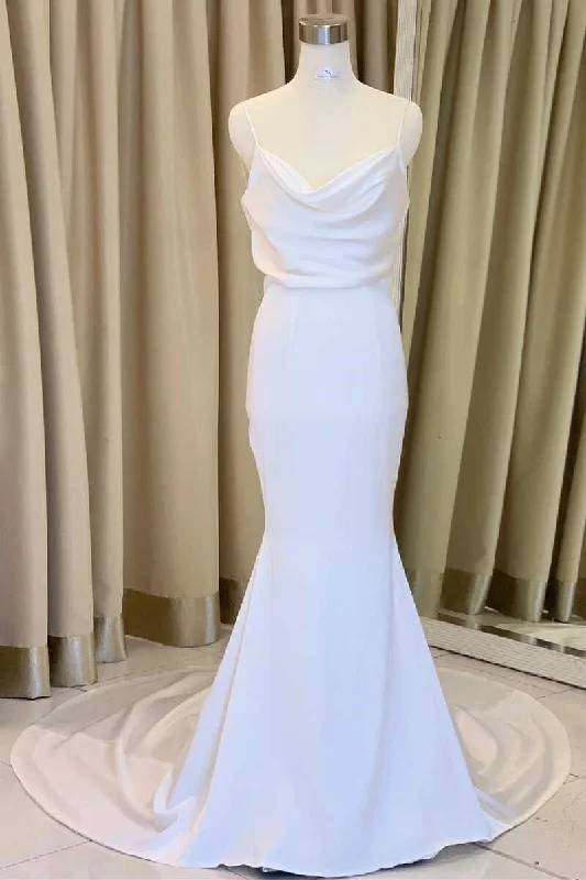 White Blouson Cowl Neck Backless Mermaid Long Wedding Dress Satin Wedding Dress