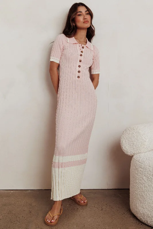 Cayla Button-Up Ribbed Knit Dress Pink Bodycon midi dresses