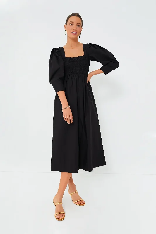 Black Cotton Poplin Open-Neck Smock Long Dress PrettyLittleThing maxi dresses