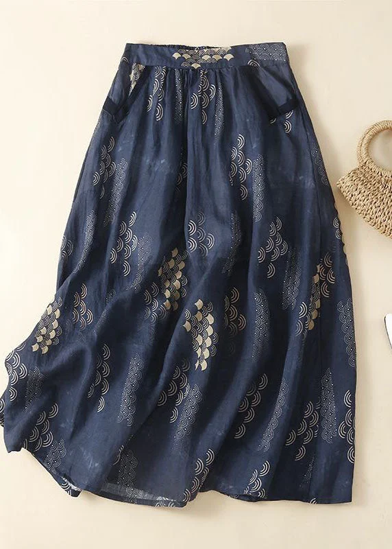 Bohemian Navy Wrinkled Pockets Patchwork Linen Skirts Summer Ruched unclassified skirts
