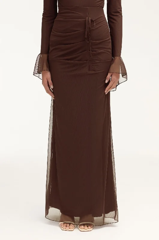 Capri Rouched Mesh Maxi Skirt - Espresso High-Waisted Maxi Skirt