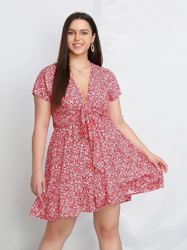 Plunging Knot Ditsy Dress