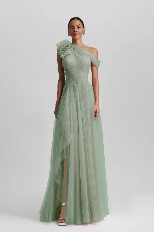 Asymmetrical neckline tulle green dress Tulle Dress Set