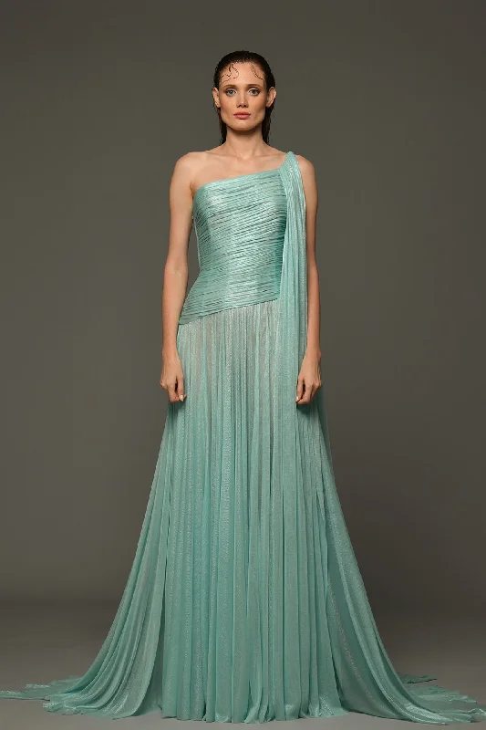 Draped dress in silk foiled tulle with chain corset Tulle Dress Sparkling