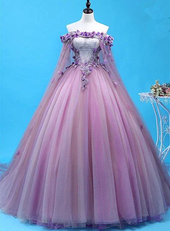 Light Purple Tulle Long Sweet 16 Gown, Flowers Quinceanera Dress Tulle Dress Twirl