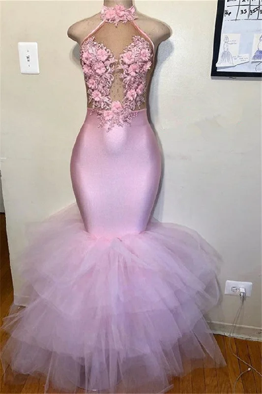 Pink Halter Sleeveless Flower Appliques Tulle Mermaid Prom Party Gowns Tulle Party Gown