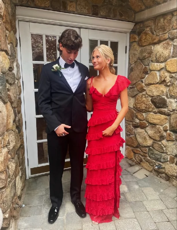 A line Red Lace Long Prom Dresses Black Lace Dress
