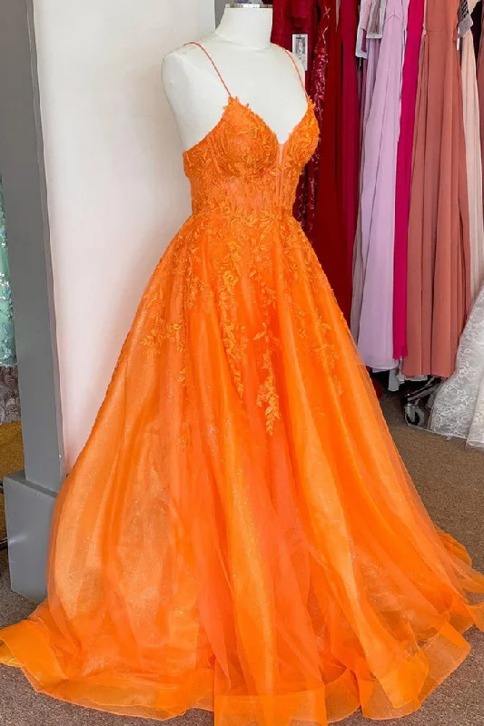 A Line V Neck Orange Lace Long Prom Dress, Orange Lace Formal Dress, Orange Evening Dress Lace Dress Chic A Line V Neck Orange Lace Long Prom Dress, Orange Lace Formal Dress, Orange Evening Dress Lace Dress Chic