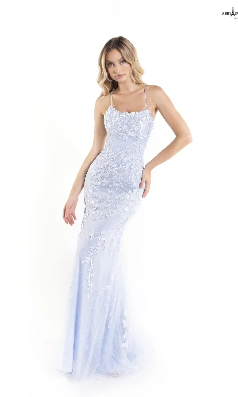 Strappy-Back Lace Prom Dress: Abby Paris 90171 Ruffled Lace Dress