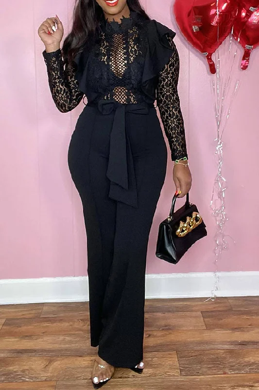 Black Sheer Lace Patchwork Romantic Ruffles Jumpsuit Lace Dress Glow