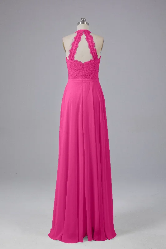 Elegant Halter Illusion Lace Floor Length Bridesmaid Dresses