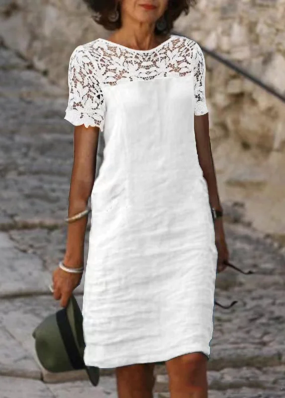 Lace Patchwork Crew Neck Solid Color Dress Vintage Lace Gown