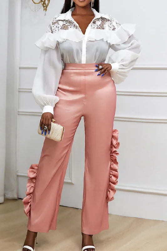 Lace Patchwork Sweet Ruffles Hit Color Pant Suit Lace Dress Deep V
