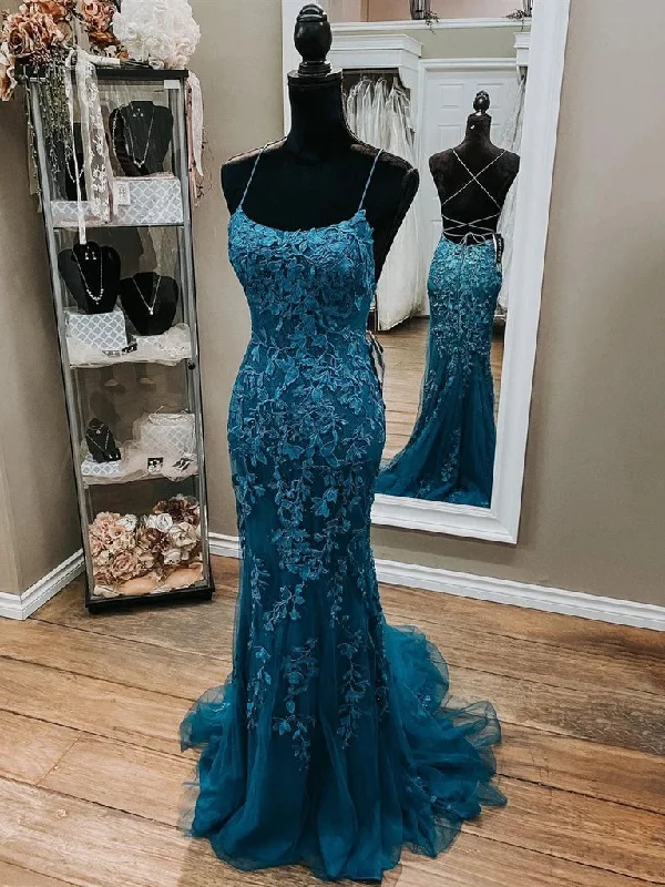 Mermaid Backless Dark Teal Lace Long Prom Dresses Lace Dress Lace