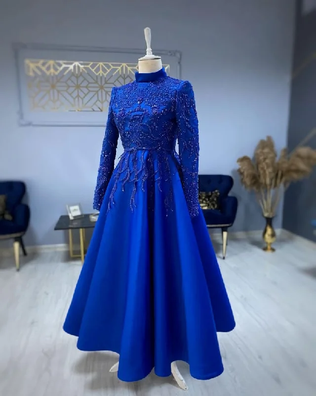 modest blue prom dresses lace emroidery evening dress Lace Overlay Dress