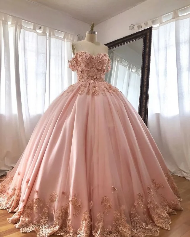 Pink Embroidered Lace Quinceanera Dresses Ball Gowns, Long Prom Dress Lace Cocktail Dress
