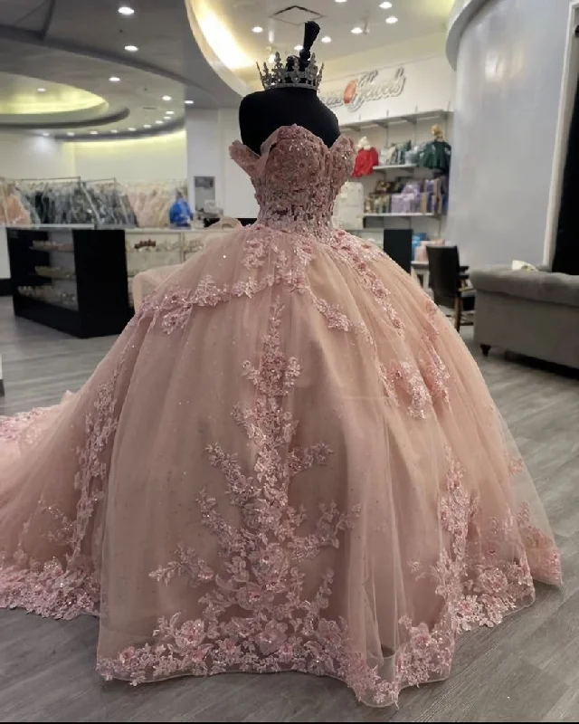 Pink Lace Long Prom Dresses, Ball Gown Sweet 16 Dresses Lace Dress for Weddings