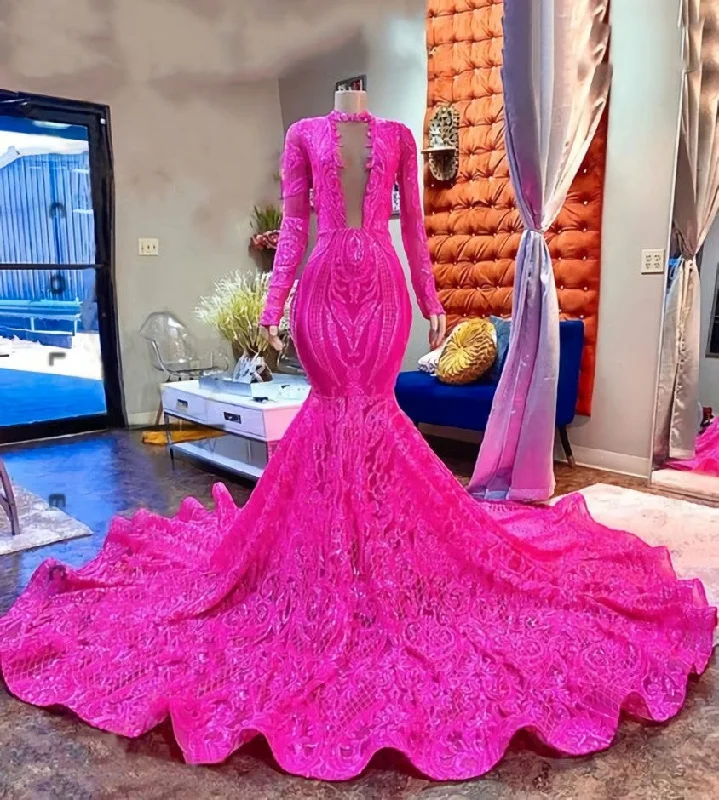 Pink Lace Sexy Fitted Mermaid Style Long Sleeve High Neck African Black Girls Long Prom Dresses Layered Lace Dress