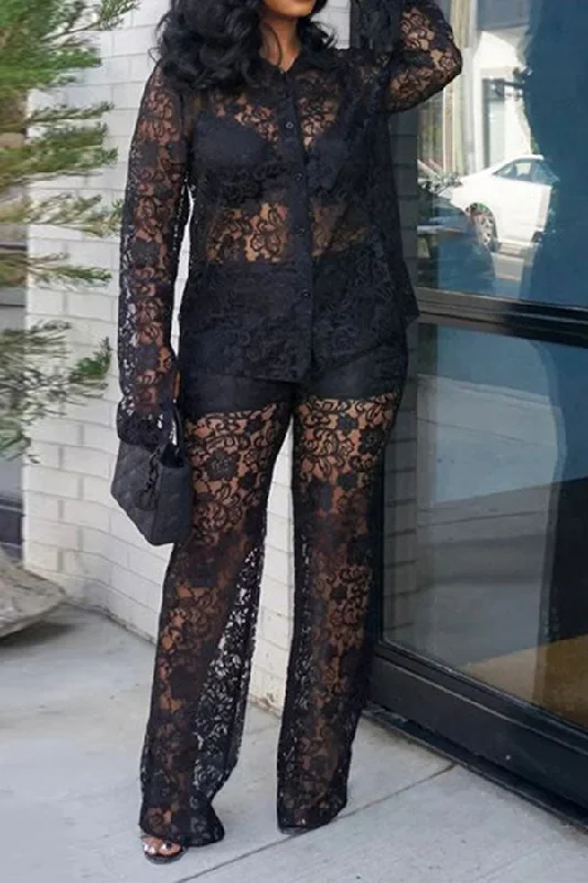 Solid Color Lace Elegant See-Through Pant Suit Off-the-shoulder Lace