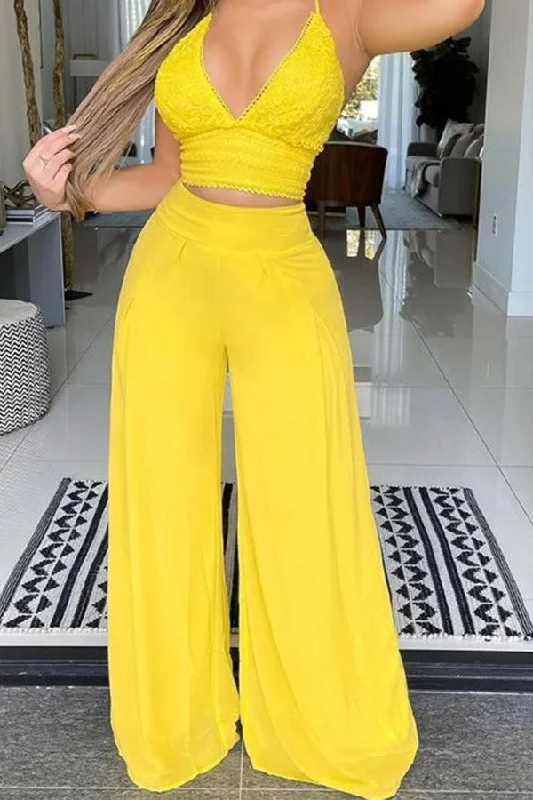 Solid Color Lace Flattering Wide Leg Pant Suit Lace Evening Dress