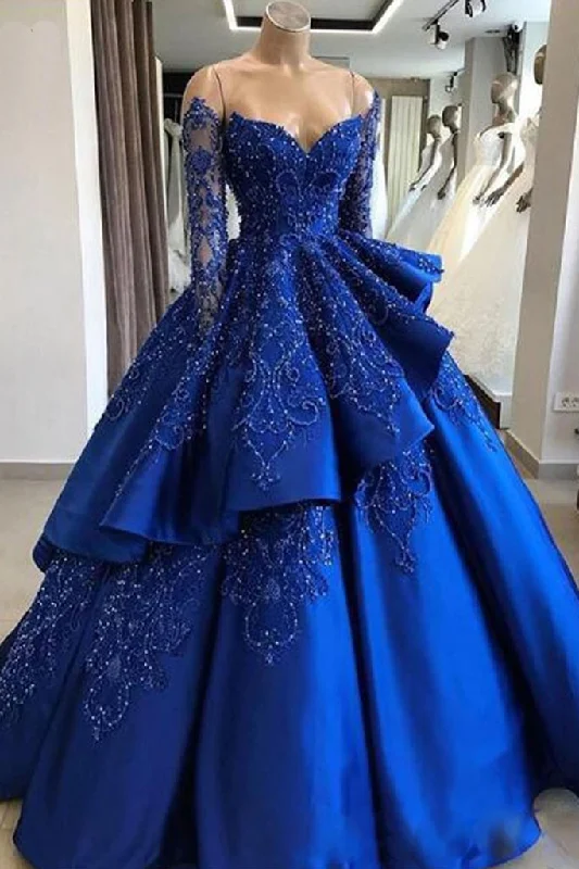 Unique blue lace long prom dress, blue long evening dress Lace Bridesmaid Gown