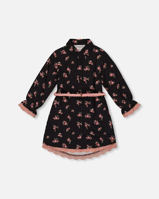 Printed Flowers Viscose Shirt Dress With Belt Oversized Shirt Dress