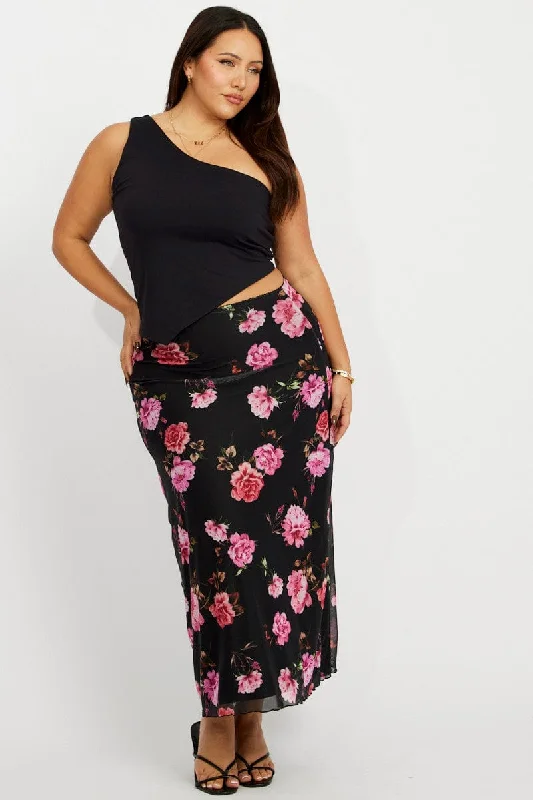 Black Floral Lace Trim Mesh Midi Skirt Stylish Midi Skirt