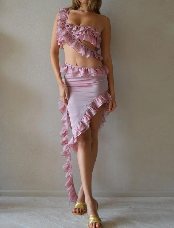 Irregular One Shoulder Ruffled Crop Top With Midi Skirt Co ord Set Elegant Satin Skirt